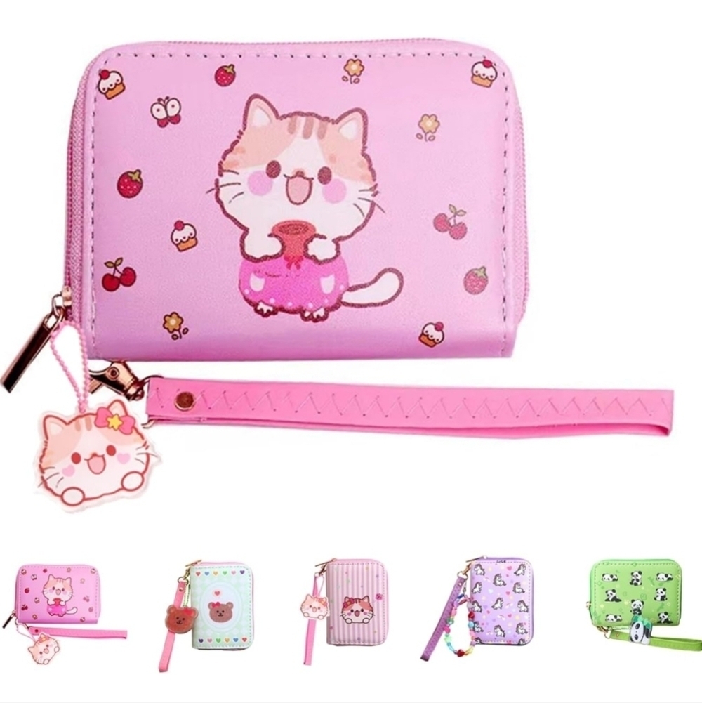 Cute Pink Cat Wallet with Wrist Strap